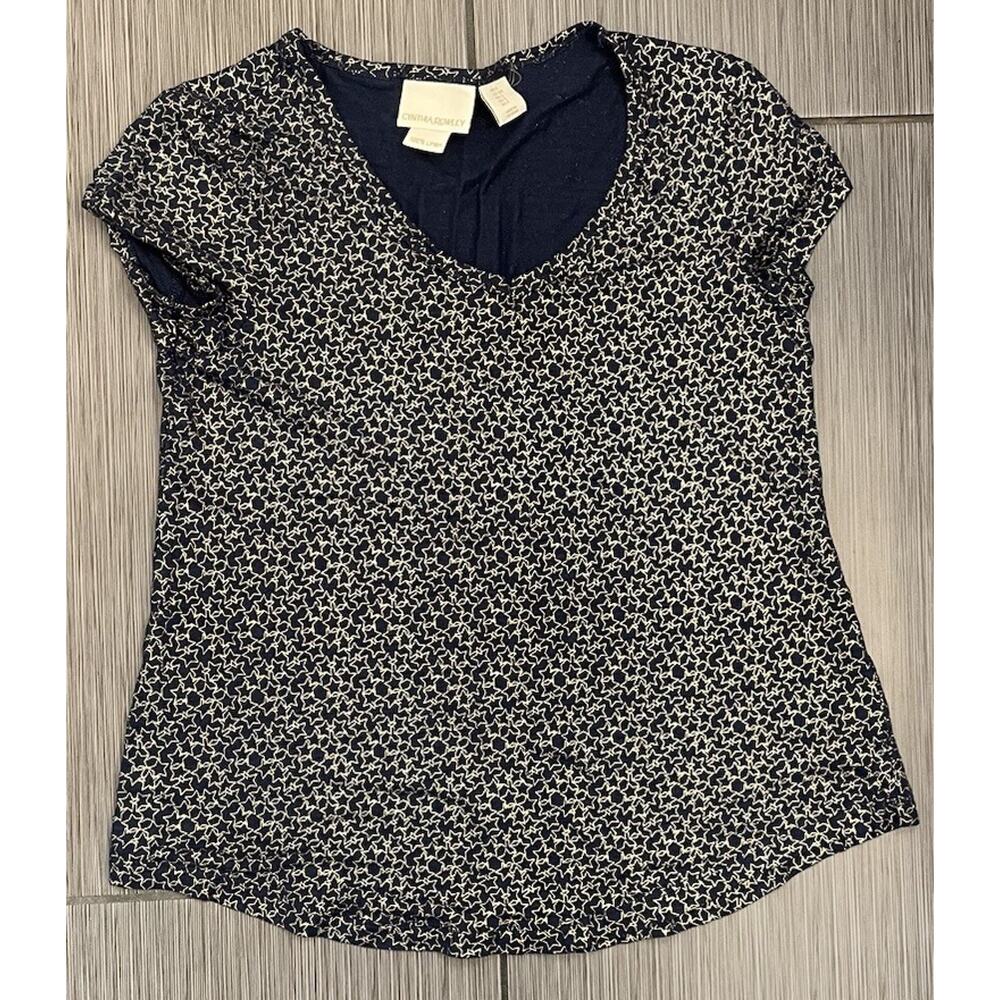 Cynthia Rowley Womens Short Sleeve Linen Shirt Blue With Gold Stars Size Small